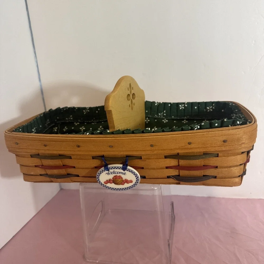 Longaberger Bread Basket 1994 Green Fabric Liner Divider Welcome Tag Bread Brick